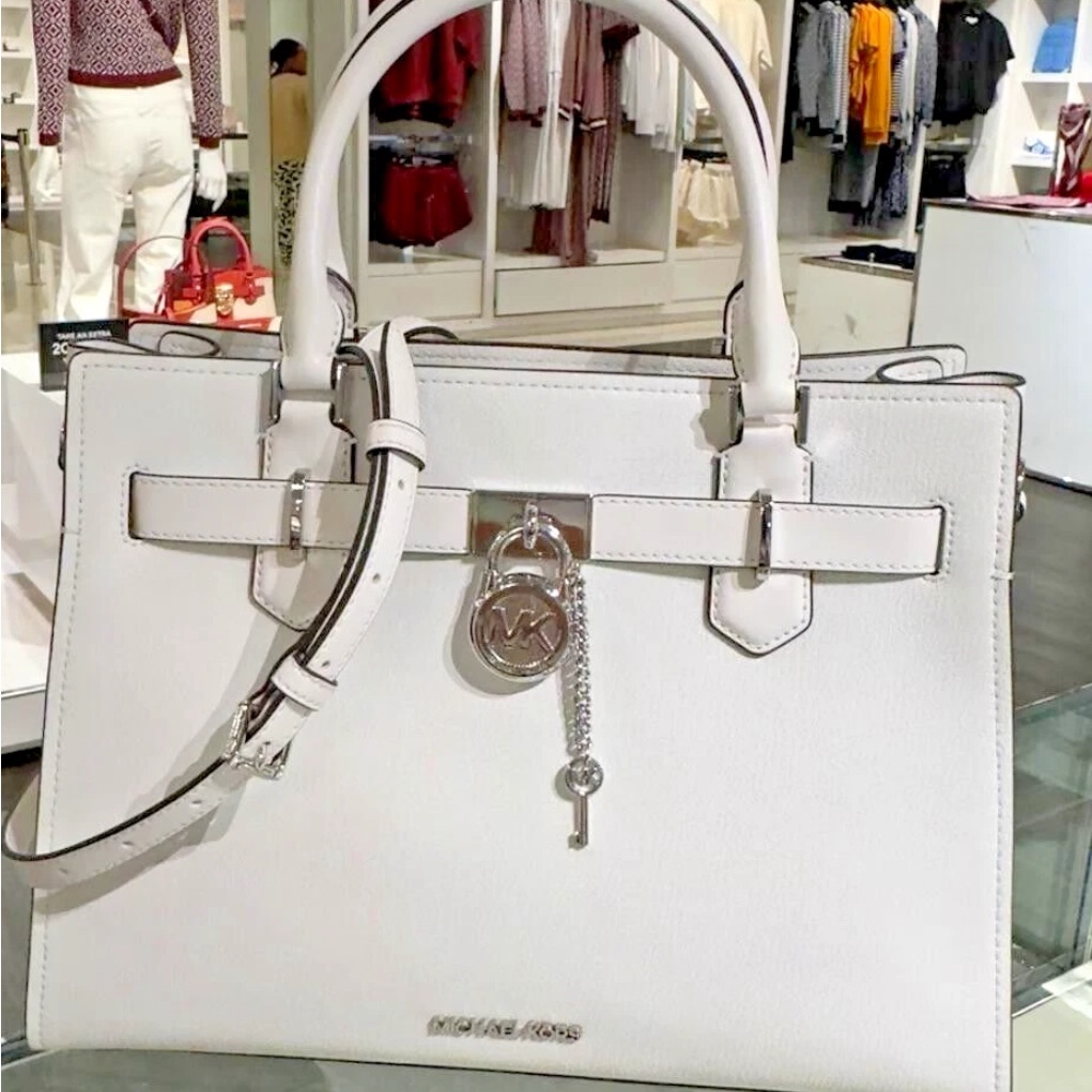 Nwot Michael Kors Large Hamilton Satchel White With Silver Accents Lock And Key